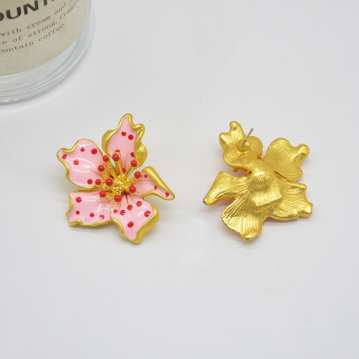 Enamel colored glaze pink flower earrings