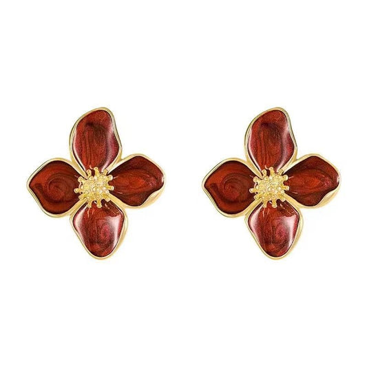 Luoshen Flower French 925 Silver Needle Drop Glazed Red Flower Earrings 3D Small Flower Earrings