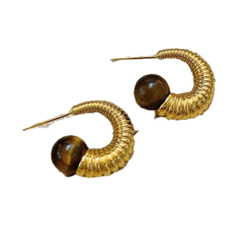 Silver Needle Geometric Texture Brown Stone Earrings For Women Girl Gift Trend New Popular Accessories