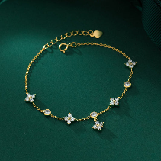 S925 Sterling Silver Inlaid Diamond Four Leaf Flower Bracelet