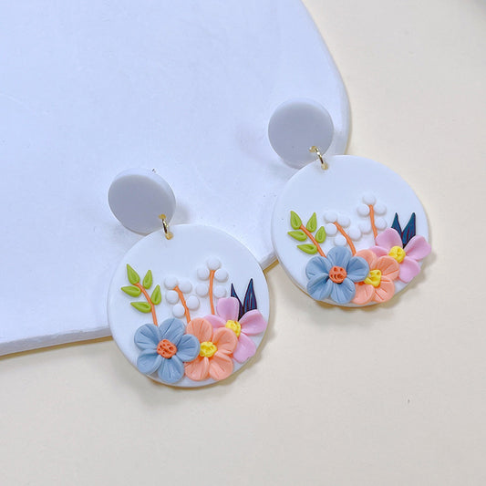 Handmade All Season Flora Flower Polymer Clay Earrings for Women Colorful Floral Round Drop Earrings Lightweight Jewelry