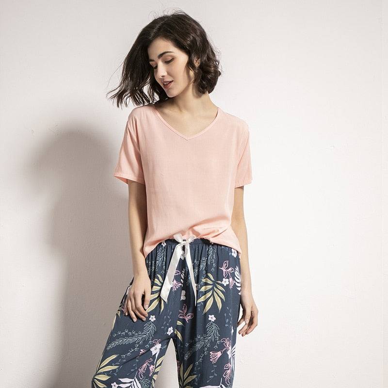 Floral V-Neck Pajama Set