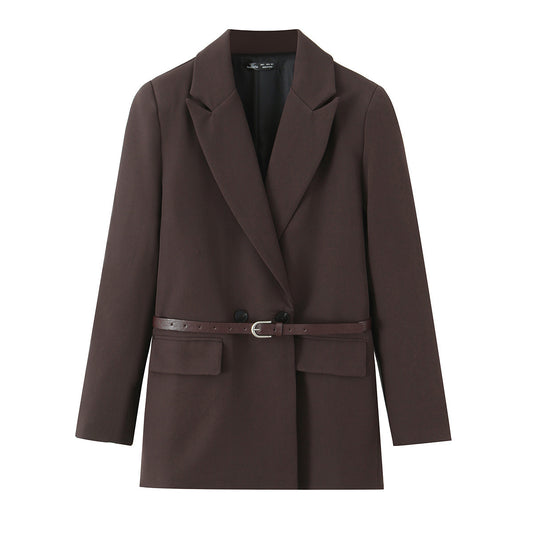 Commuting style elegant belt hip hugging skirt suit set