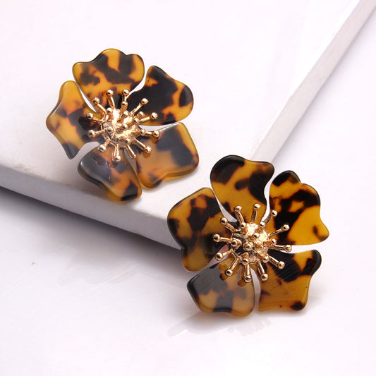 Retro Acetic Acid Acrylic Earrings – Exaggerated Floral & Leopard Wave Design