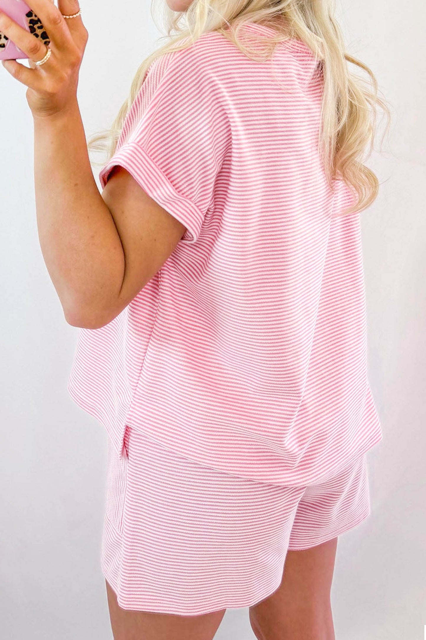 Pink Stripe Matching Oversized Tee and Drawstring Shorts Set