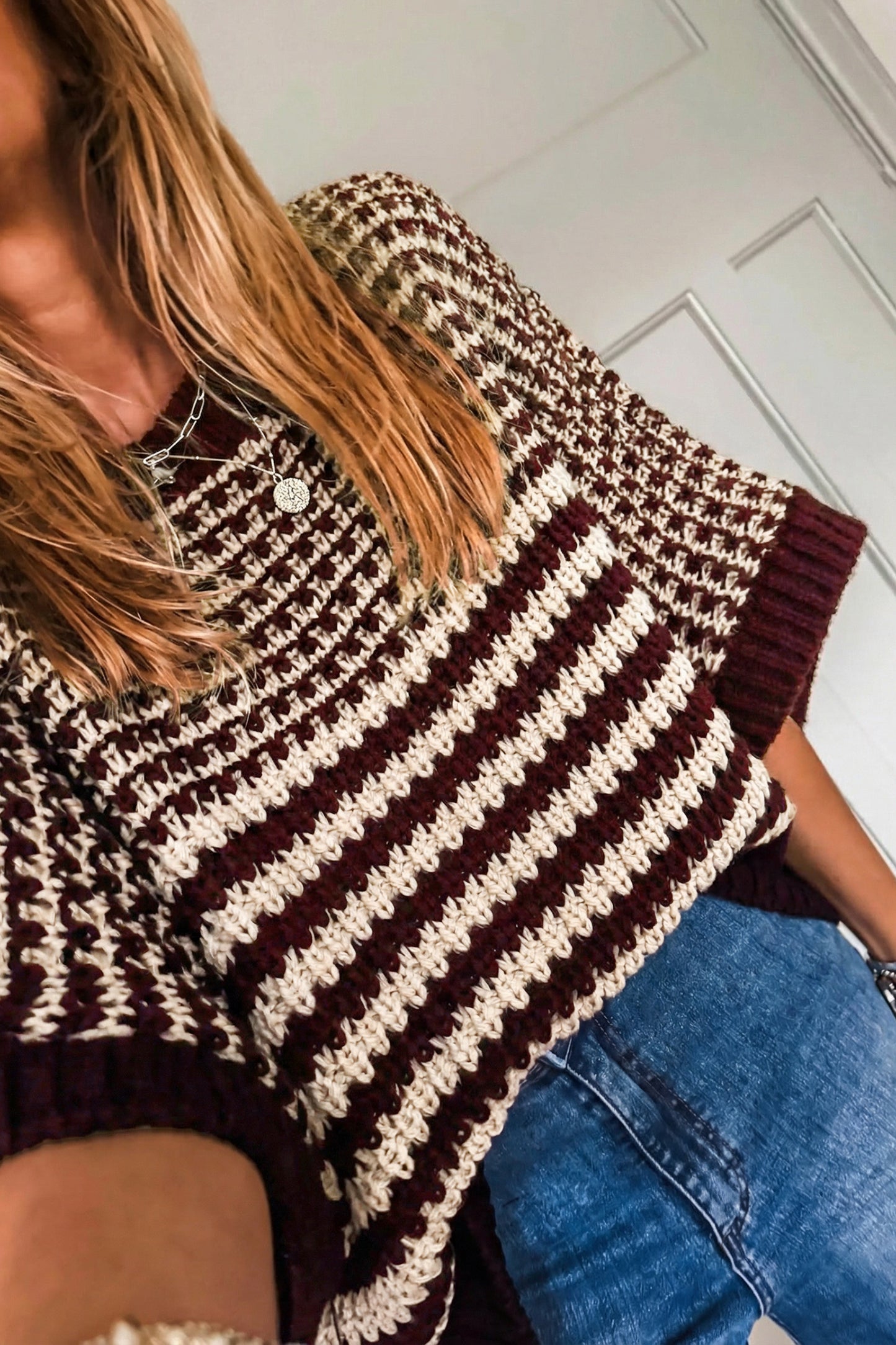 Green Stripe 3/4 Draped Sleeve Slouchy Sweater