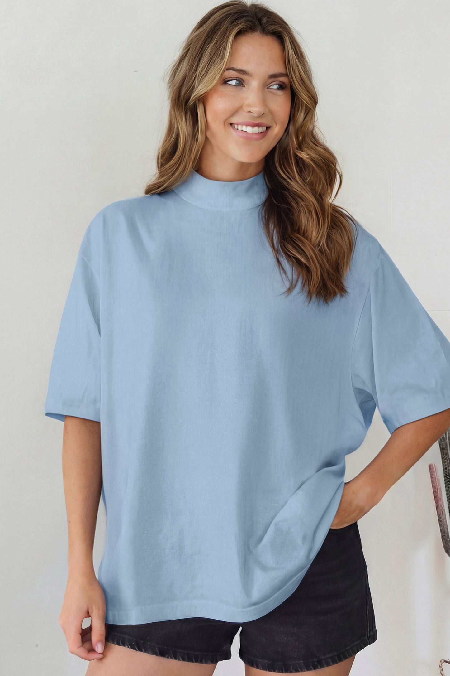 Black Solid Color High Neck Oversize Tee