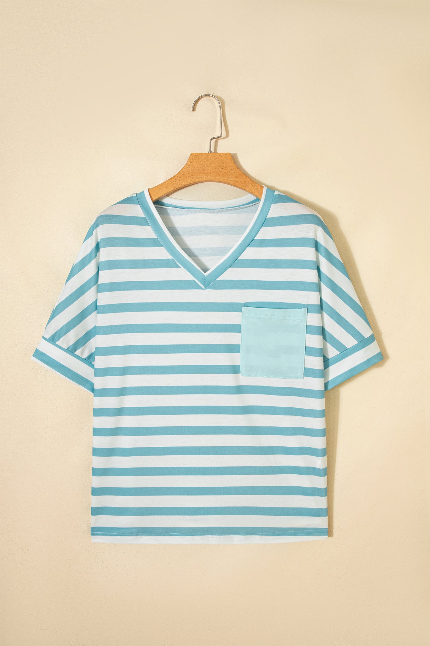 Pink Stripe V Neck Patched Pocket Casual T Shirt