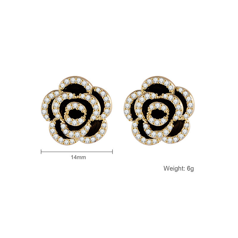 Retro Black Camellia Diamond Earrings – Light Luxury Simple Temperament Jewelry for Women