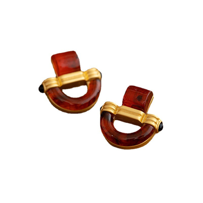 French personality Everything with sugar cube amber U-shaped studs 925 earrings