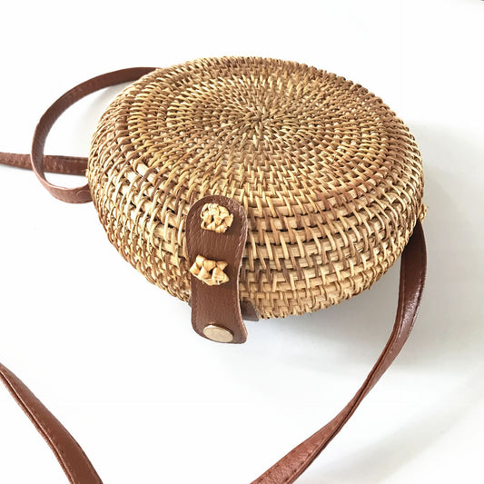 Round Rattan Leather Buckle Straw Crossbody & Shoulder Bag