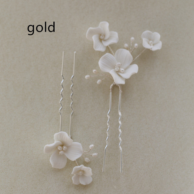 White Pottery Flower Four-leaf Petal Freshwater Pearl Hair Fork
