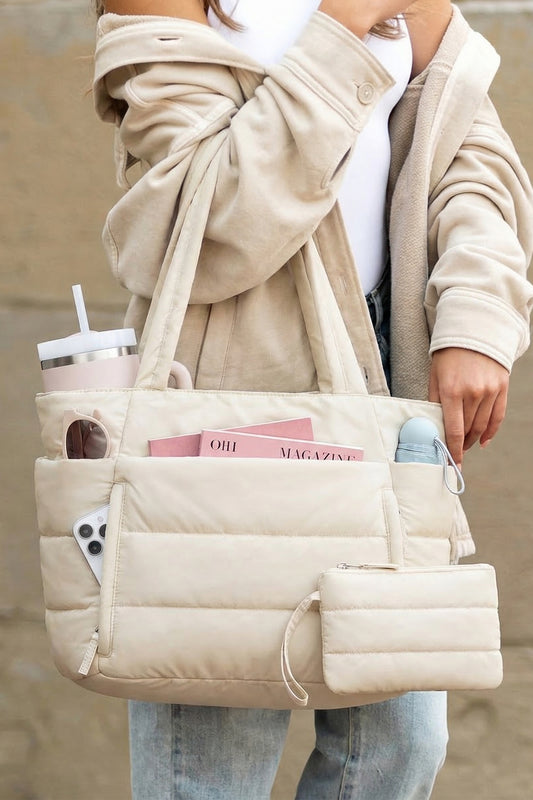 White Solid Color Puffy Quilted Large Tote Bag