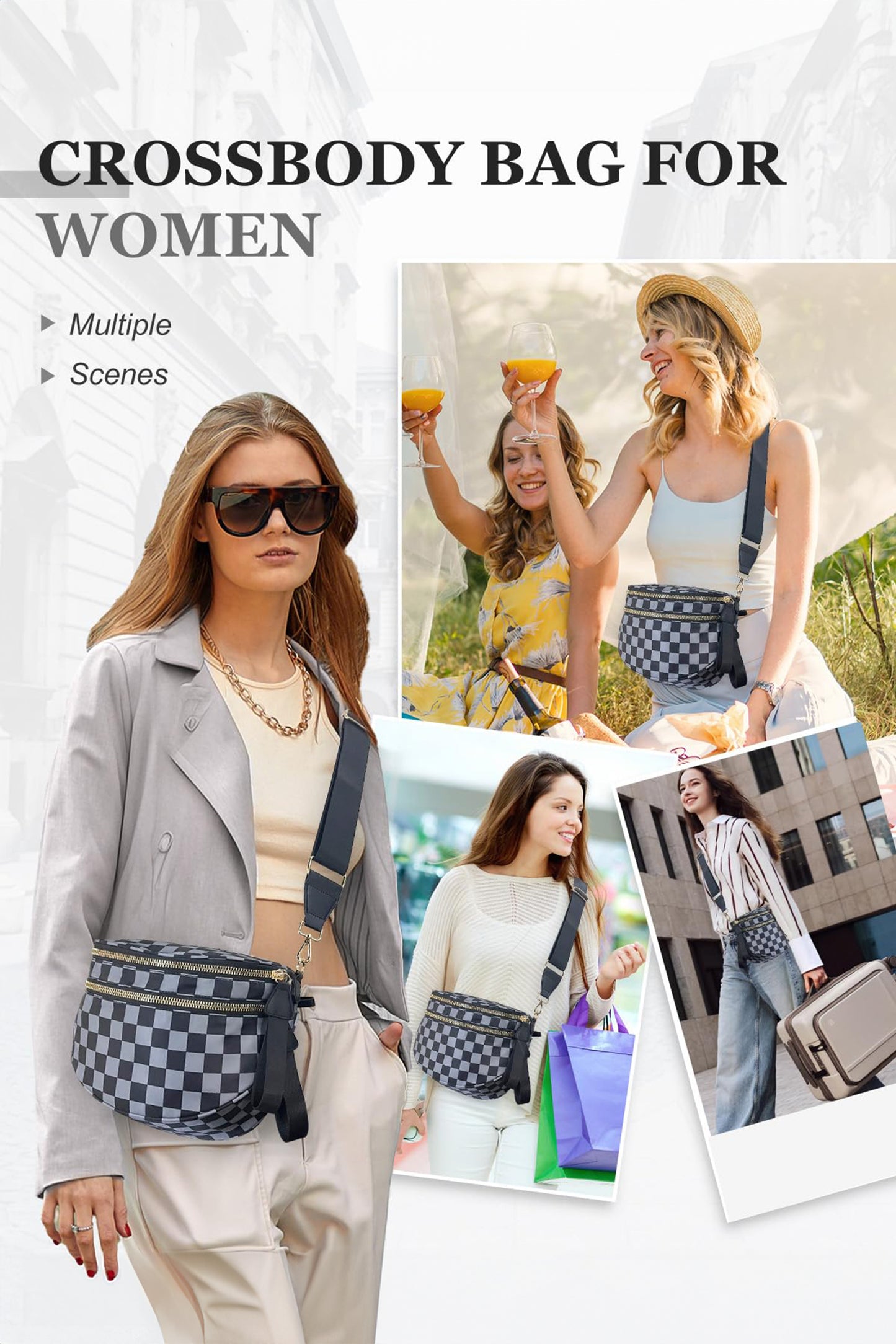 Color black Checkered Print Wide Strap Large Crossbody Bag