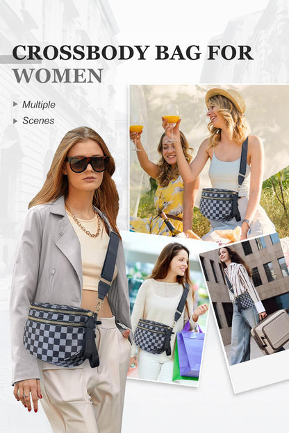 Color black Checkered Print Wide Strap Large Crossbody Bag
