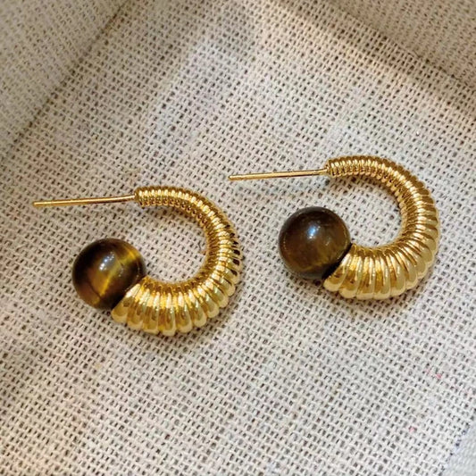 Silver Needle Geometric Texture Brown Stone Earrings For Women Girl Gift Trend New Popular Accessories