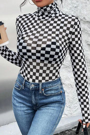 Checkered Turtleneck Long Sleeve Bodysuit