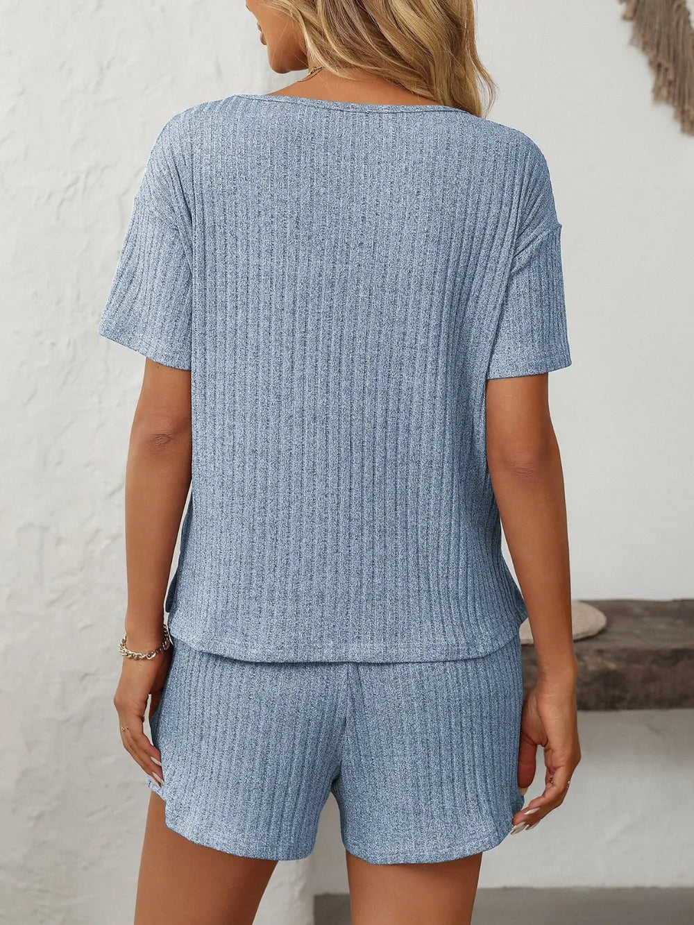 Solid Color Ribbed Short Sleeve Sleepwear Set