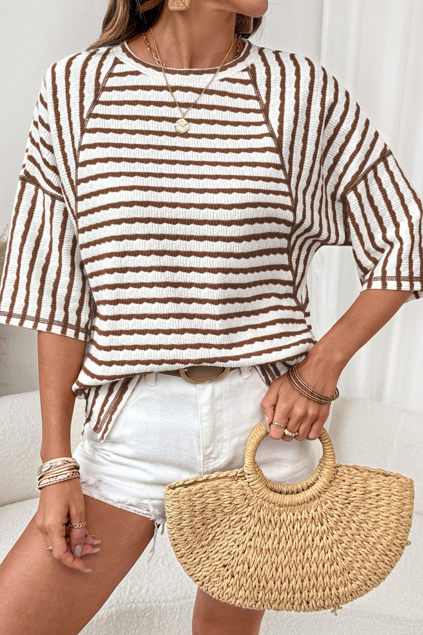 Apricot Stripe Textured Knit Split Hem Half Sleeve Loose Top