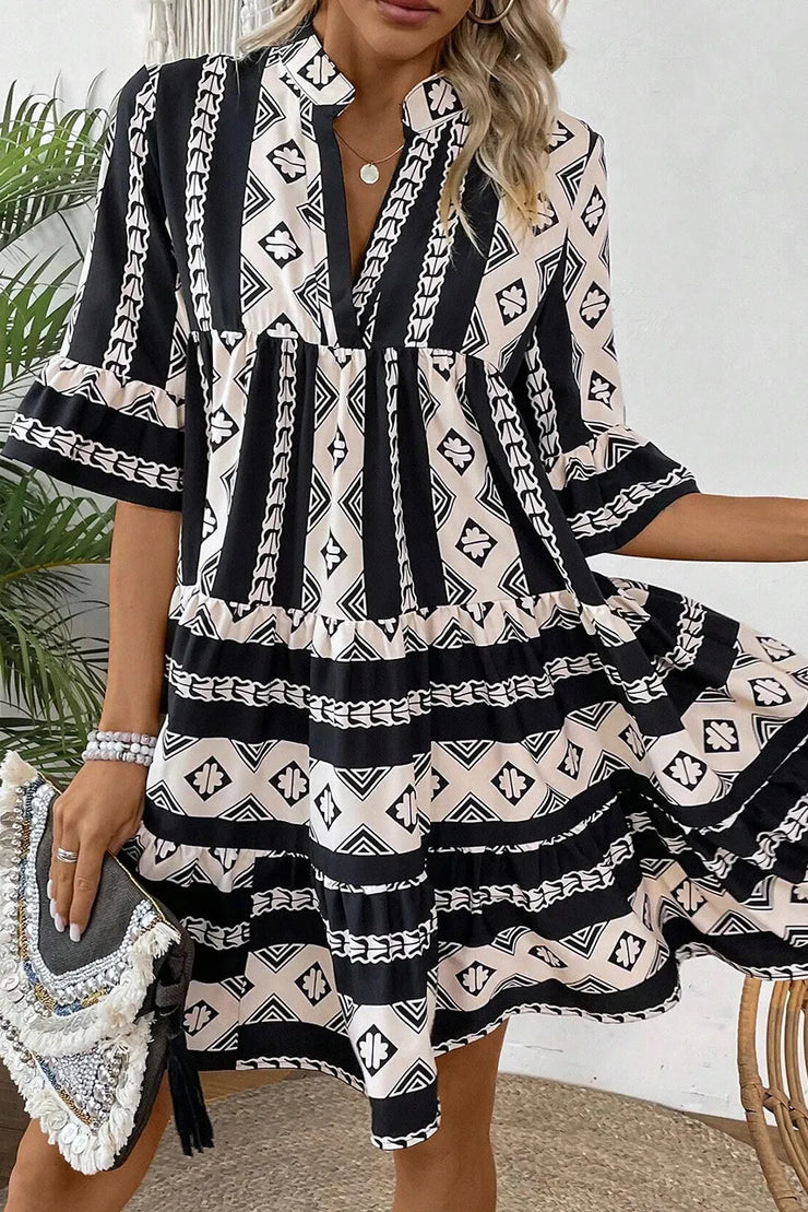 Tiered Printed Notched Half Sleeve Dress