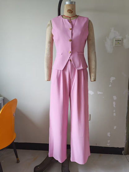 Solid color button pocket front buckle office summer vest suit pants set