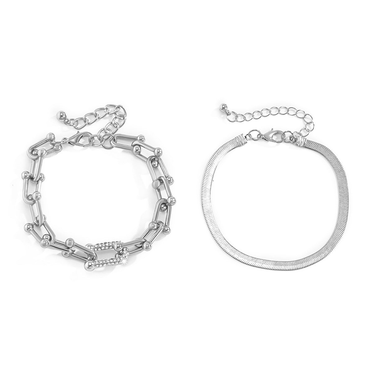 Simple flat snake bone metal bracelet hip-hop personality U-shaped square buckle rhinestone bracelet