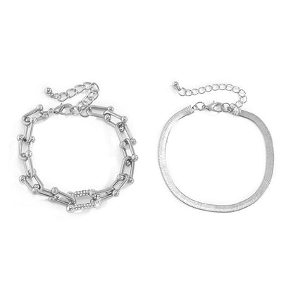 Simple flat snake bone metal bracelet hip-hop personality U-shaped square buckle rhinestone bracelet