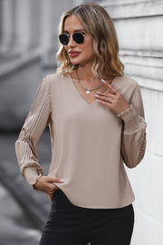 Perfee Pleated Lantern Sleeve V-Neck Blouse