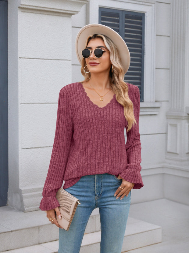 Lace Detail V-Neck Long Sleeve T-Shirt