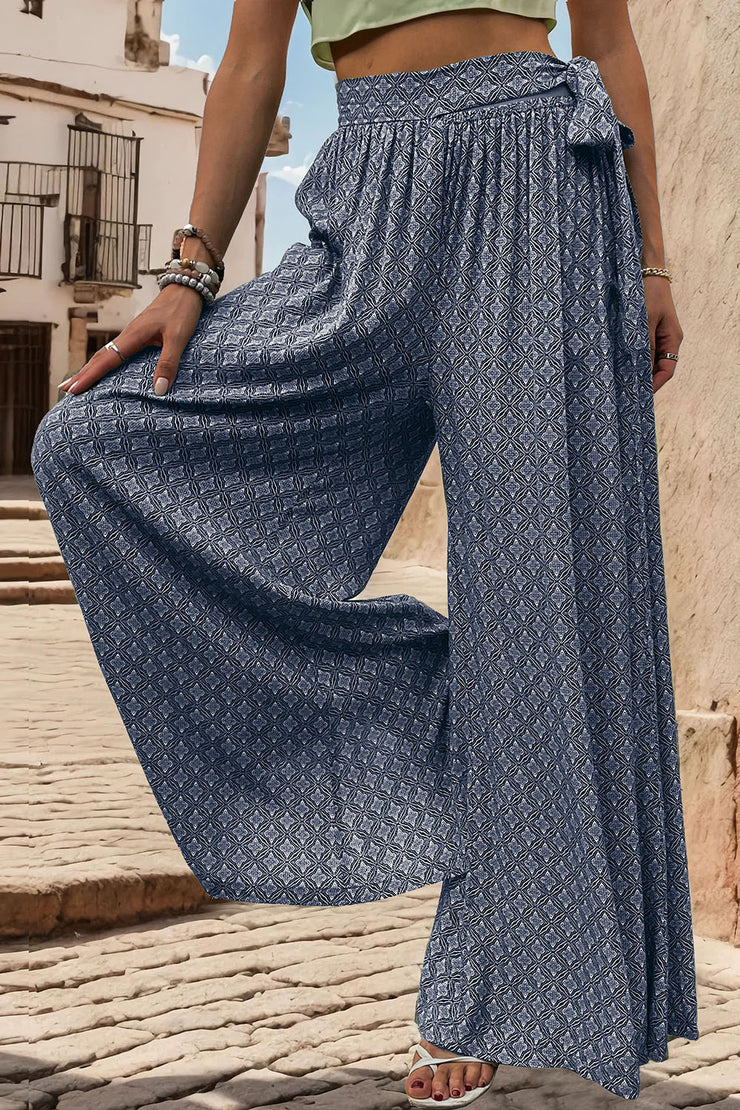 Perfee Printed Tied Wide Leg Pants