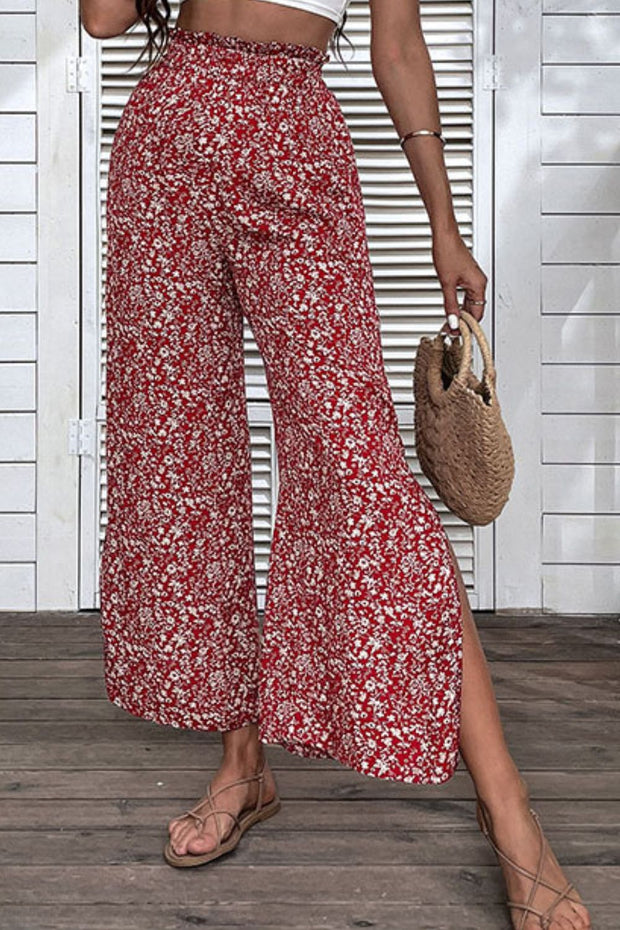 Perfee Ditsy Floral Slit Paperbag Waist Wide Leg Pants