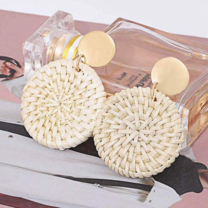 Handmade Wooden Rattan Round Cake-Shaped Earrings