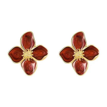 Luoshen Flower French 925 Silver Needle Drop Glazed Red Flower Earrings 3D Small Flower Earrings
