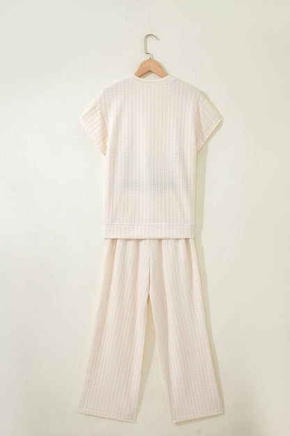 Beige Texture Loose Short Sleeve Top and Cropped Pant Set