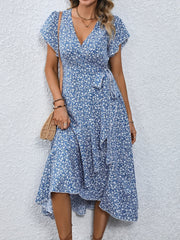 Printed Surplice Flutter Sleeve Midi Dress