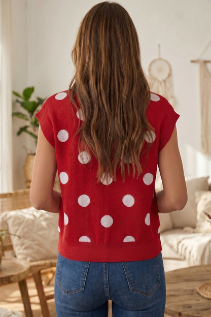 Red Relaxed Polka Dot Print Decorated Button Sweater Vest
