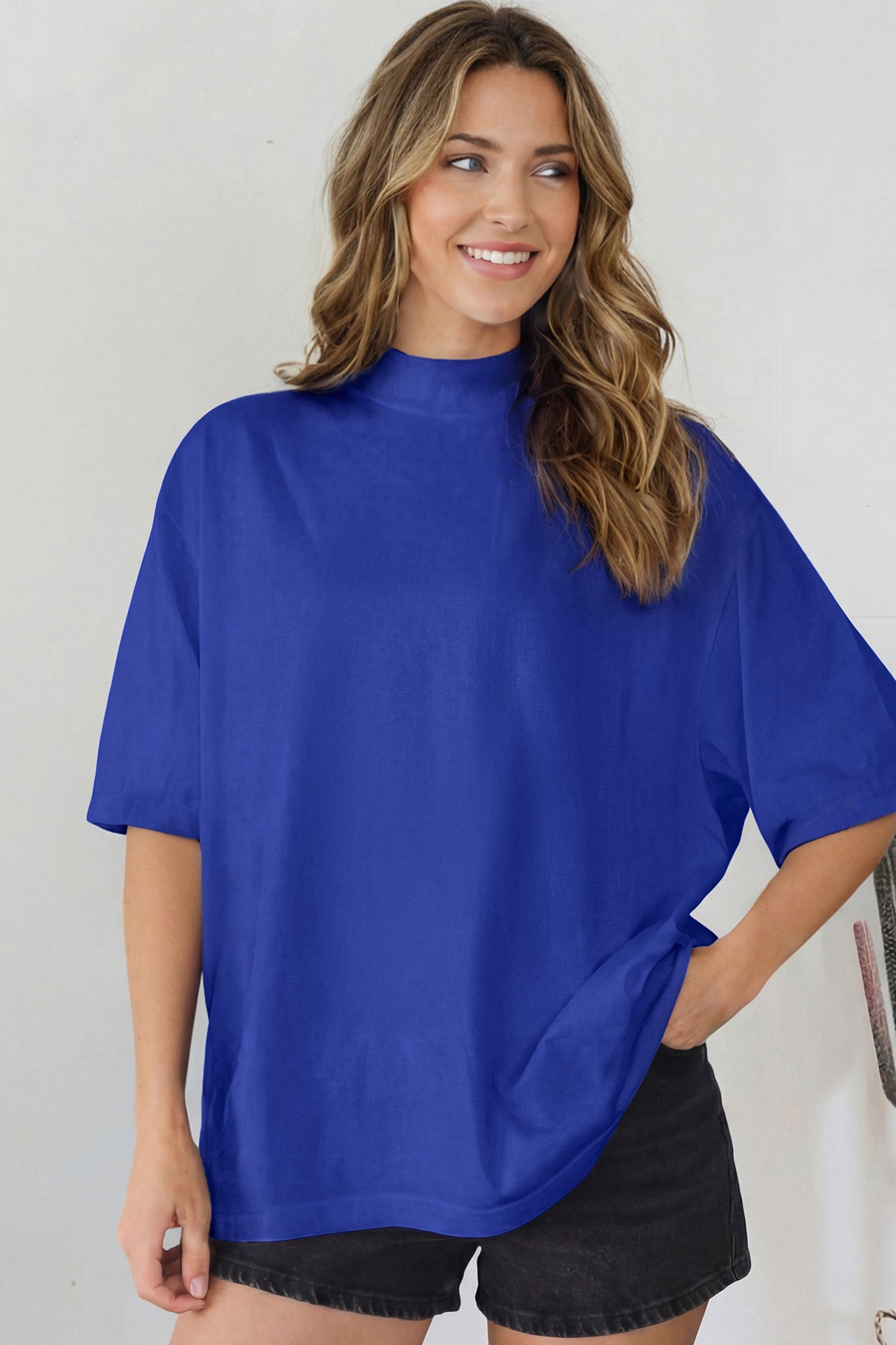 Black Solid Color High Neck Oversize Tee