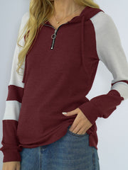 Shiny Waffle-Knit Raglan Sleeve Zipper Front Hoody