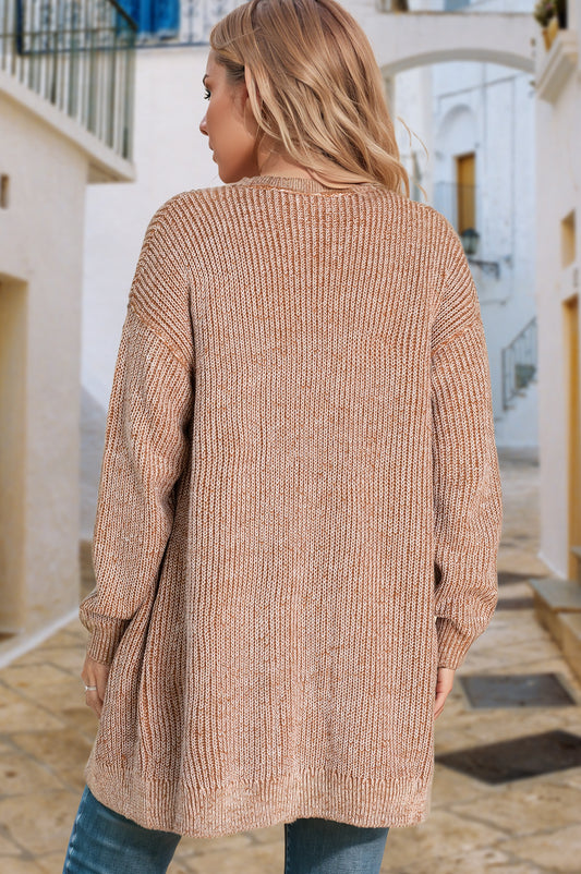 Straw Yellow Solid Open Knit Cardigan with Pockets