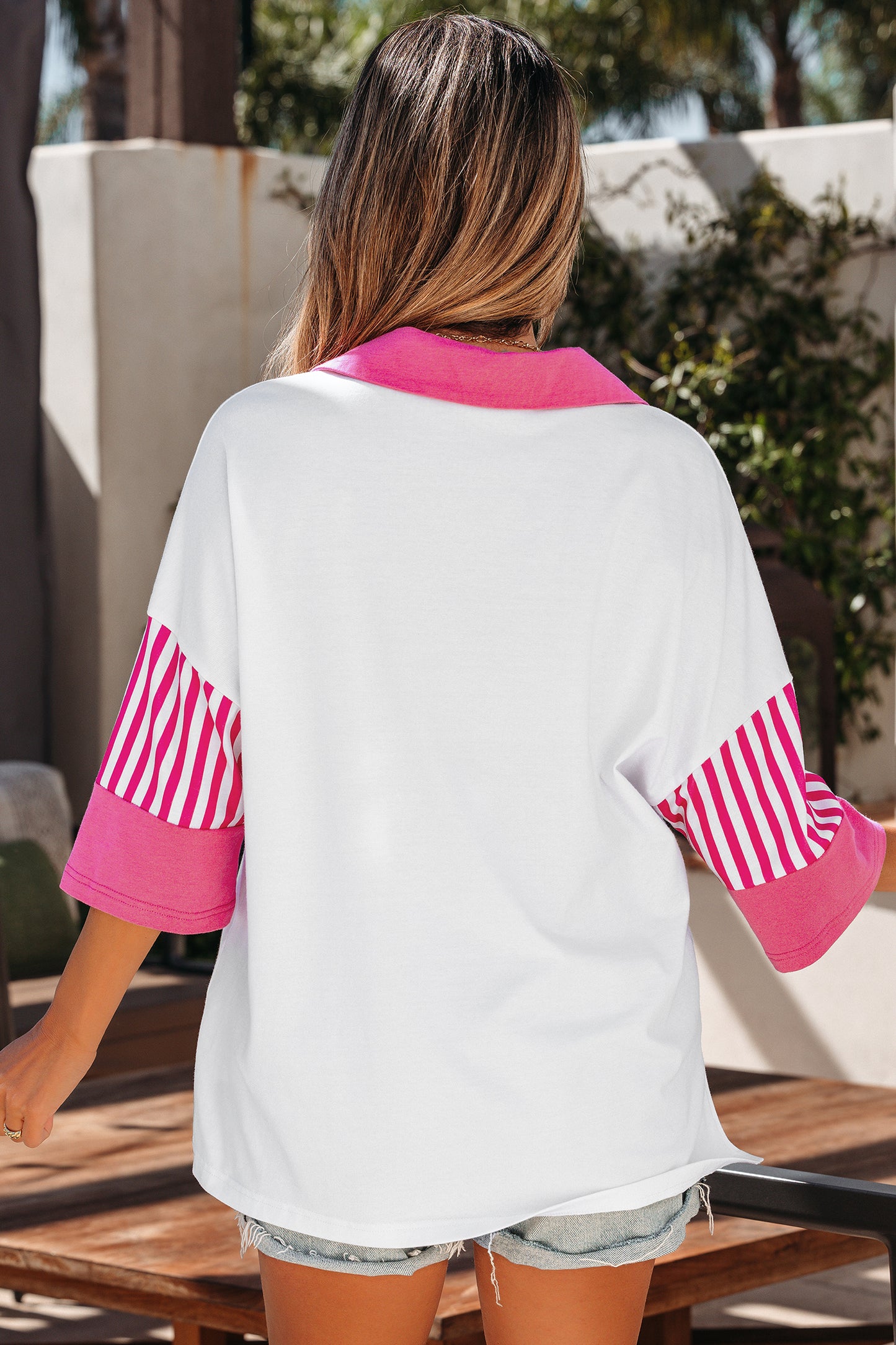 White Striped Color Block Patchwork Polo Collar Half Sleeve T Shirt