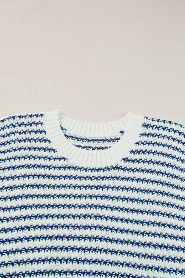 Blue Stripe Ribbed Trim Loose Fit Knitted Sweater Vest