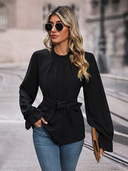 Perfee Round Neck Tie Waist Long Sleeve Blouse