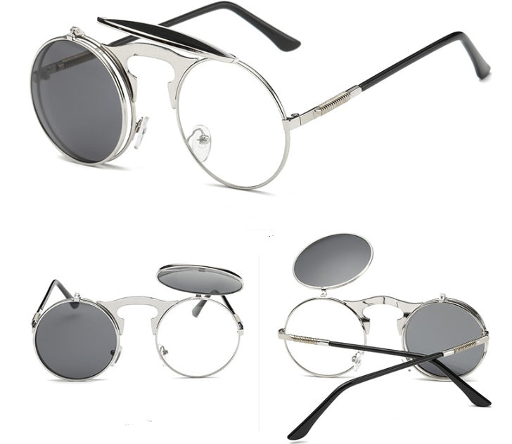 Men Vintage Round SteamPunk Flip-up Sunglasses