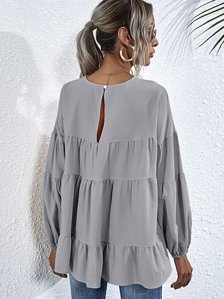 Shiny Round Neck Dropped Shoulder Tiered Blouse