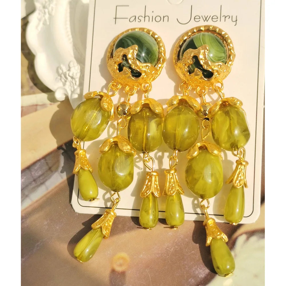Olive Green Resin Long Tassel Drop Earrings