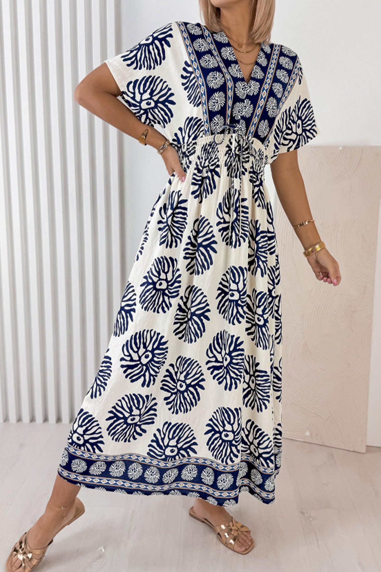 Blue Boho Floral Print Contrast Patchwork V Neck Dolman Maxi Dress