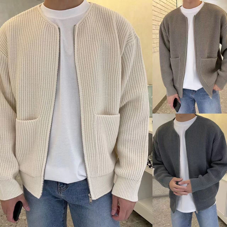 Men Zip Up Knitted Lined Funnel Neck Sweater /Jacket