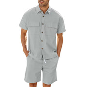 Men Short Sleeve Lapel Whit Pockets Set