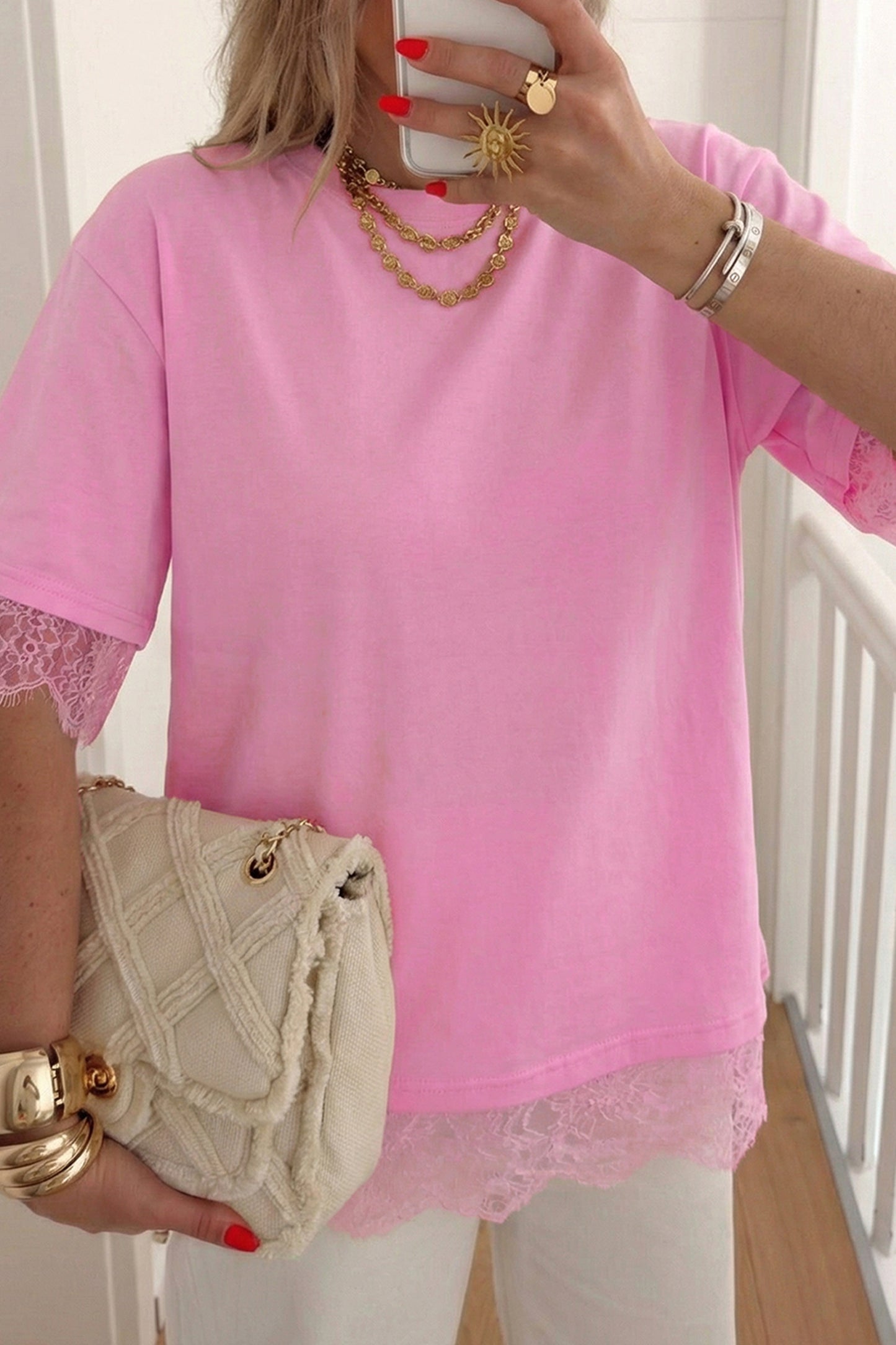 Pink Eyelash Floral Lace Patchwork Half Sleeve Oversize Tee