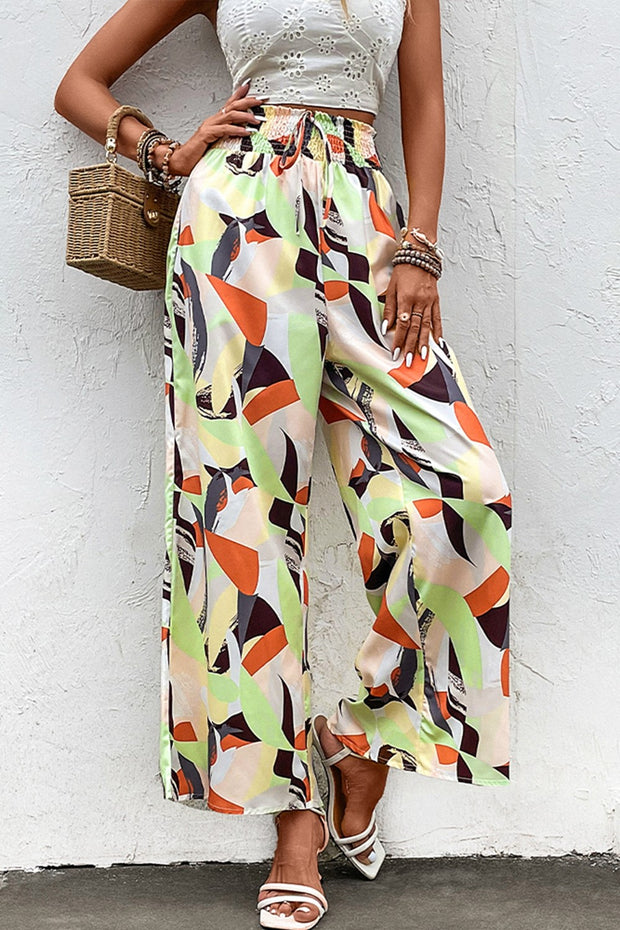 Shiny Printed Smocked Waist Wide Leg Pants